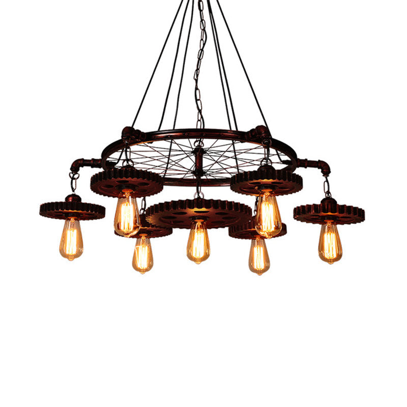 Farmhouse Style Rustic Chandelier Light with Exposed Bulbs - Gear Deco, 3/5/7 Heads - Ideal for Bars