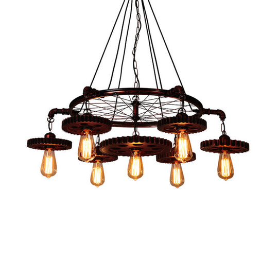 Farmhouse Style Exposed Bulb Chandelier Light - Rust Metallic Ceiling Lamp For Bar 3/5/7 Heads With