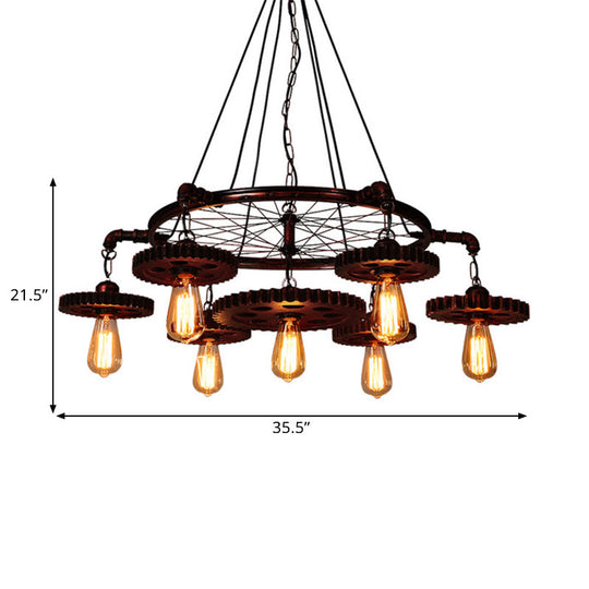 Farmhouse Style Exposed Bulb Chandelier Light - Rust Metallic Ceiling Lamp For Bar 3/5/7 Heads With