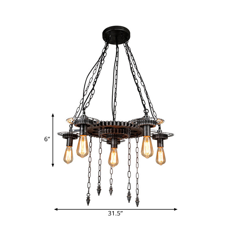 Aged Silver Gear Design Hanging Lamp - Vintage Industrial Metal 6 Heads Ideal For Restaurants