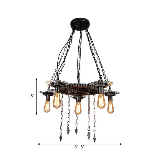 Aged Silver Gear Design Hanging Lamp - Vintage Industrial Metal 6 Heads Ideal For Restaurants