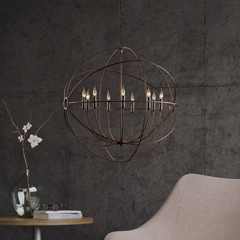 Rustic Iron Chandelier: Antique Style Pendant Light with Spherical Cage Shade and Multi-Light Ceiling Fixture