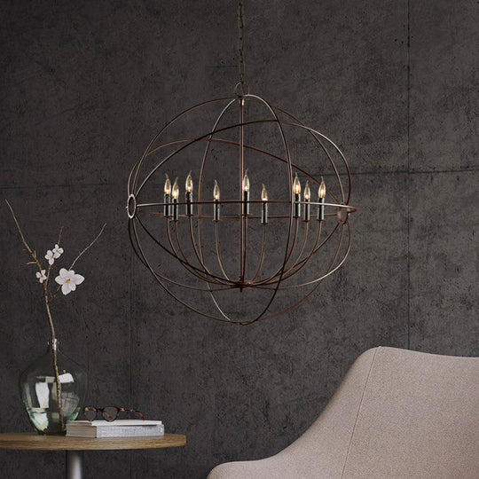 Antique Style Spherical Chandelier With Cage Shade - Iron Ceiling Pendant Lighting In Rust