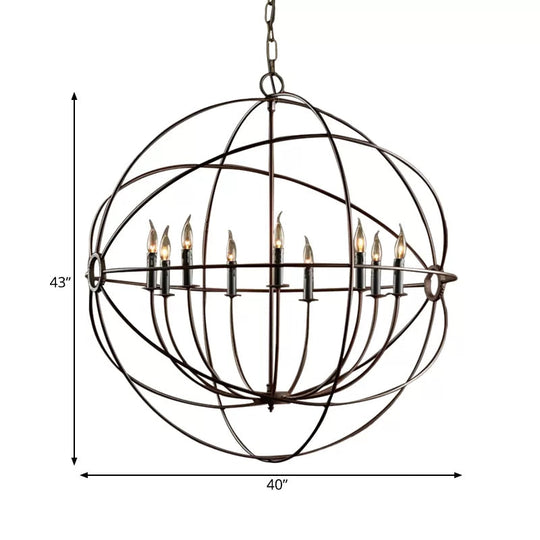 Antique Style Spherical Chandelier With Cage Shade - Iron Ceiling Pendant Lighting In Rust