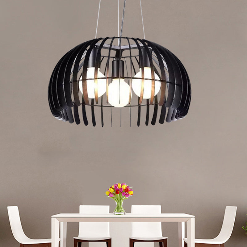 Retro Style Dome Hanging Light with Wire Guard - 3 Bulbs, Black Metal Suspension for Dining Room