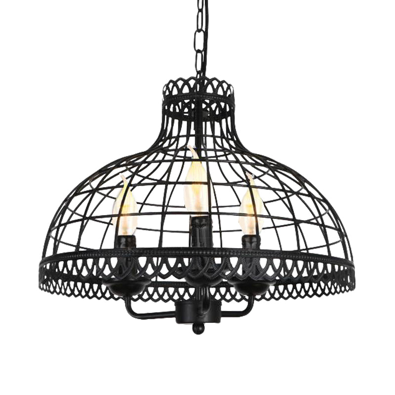 Industrial Retro 3-Light Ceiling Lamp With Metallic Dome Cage Shade - Farmhouse Candle Fixture In