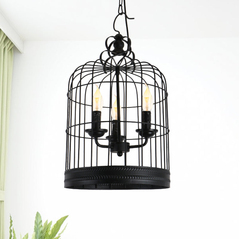 Antique-Style Black Iron Birdcage Pendant Light with 3 Lights - Restaurant Ceiling Fixture with Candle Design