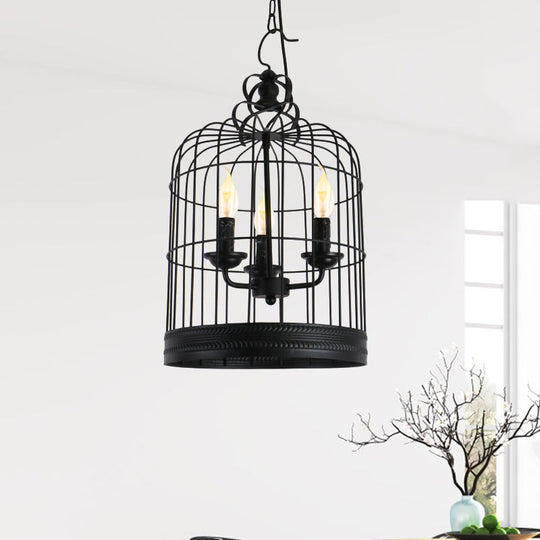Antique Style Iron Pendant Light With Black Birdcage Shade And 3 Candle Design Lights For