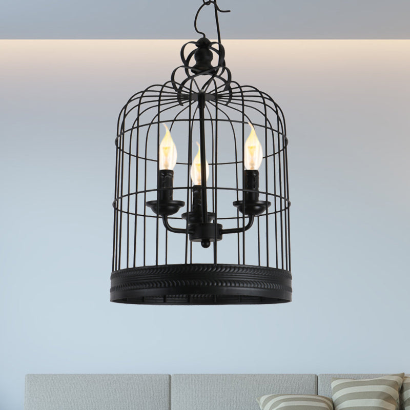 Antique-Style Black Iron Birdcage Pendant Light with 3 Lights - Restaurant Ceiling Fixture with Candle Design