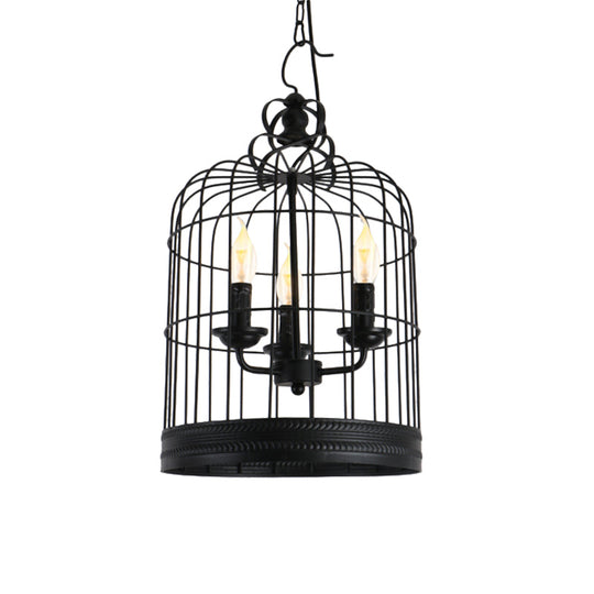 Antique Style Iron Pendant Light With Black Birdcage Shade And 3 Candle Design Lights For
