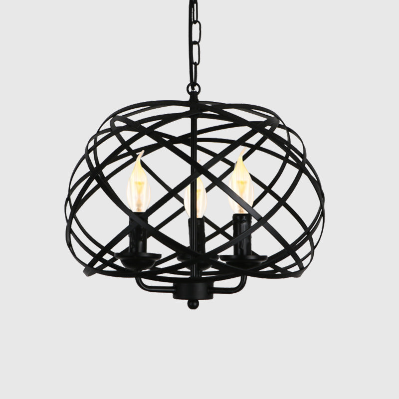 Black Metal Geometric Ceiling Light with Cage Shade - Industrial Kitchen Chandelier (3 Bulbs Included)