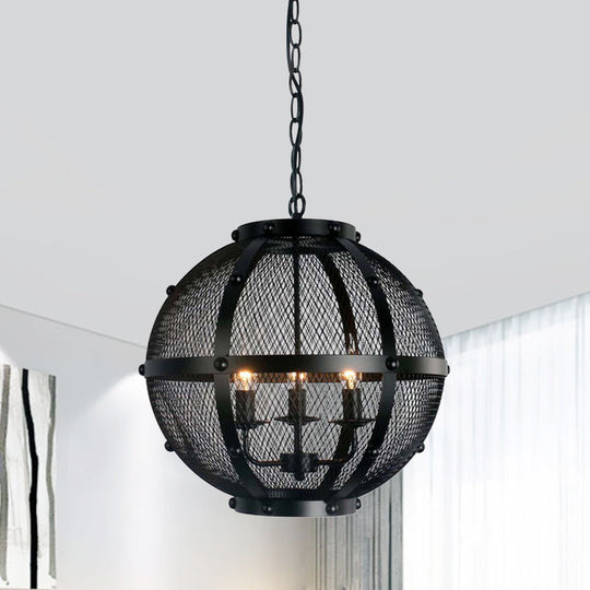 Retro Style Metal Hanging Pendant with Wire Mesh Shade - 3-Light Farmhouse Ceiling Fixture in Black
