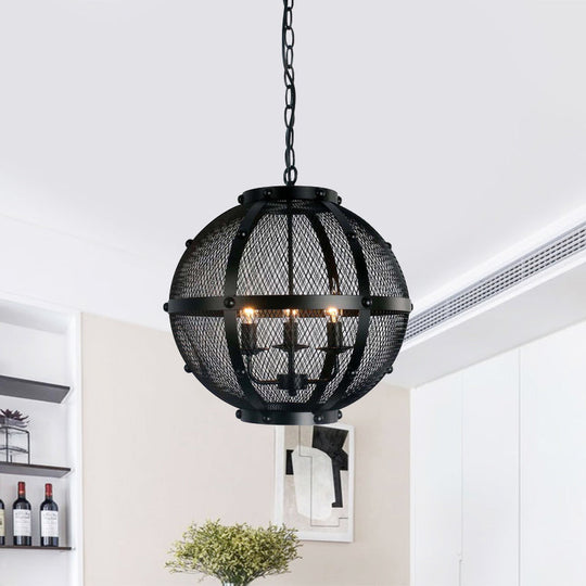 Retro Style Metal Hanging Pendant with Wire Mesh Shade - 3-Light Farmhouse Ceiling Fixture in Black