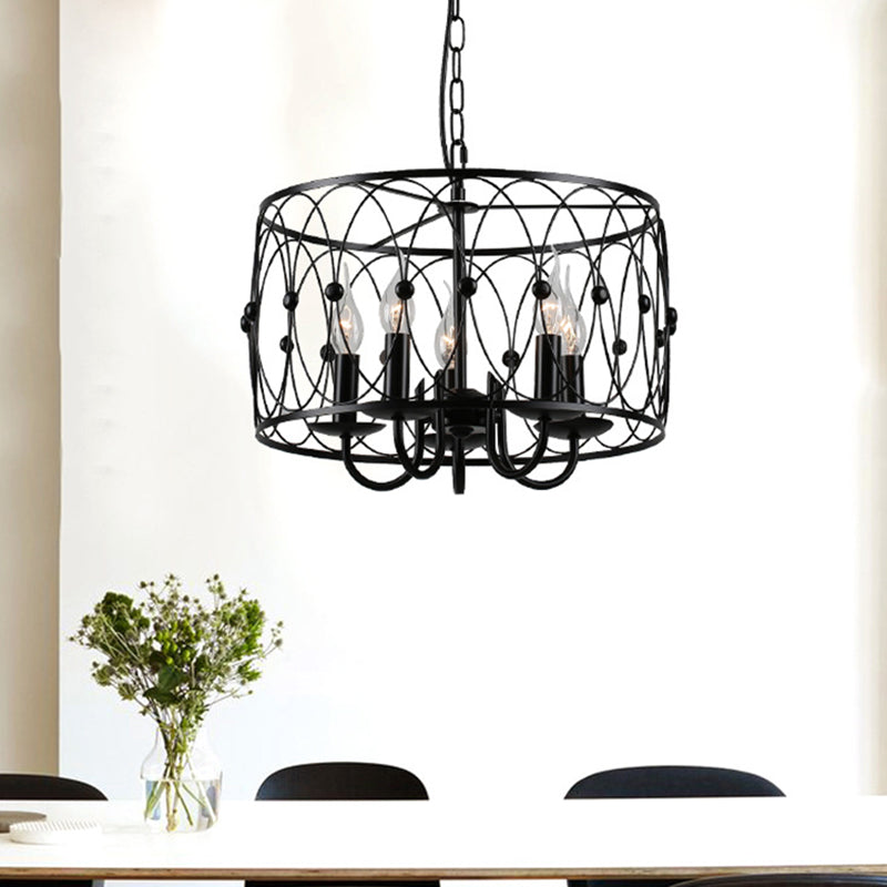 Vintage Black Metal Drum Hanging Light with Cage Shade - 6 Head Dining Room Chandelier Lamp