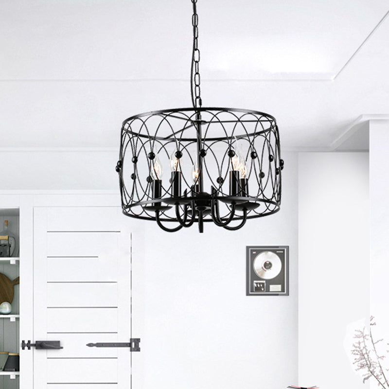 Vintage Style Black Drum Hanging Light With Metal Cage Shade - 6 Heads Dining Room Chandelier Lamp