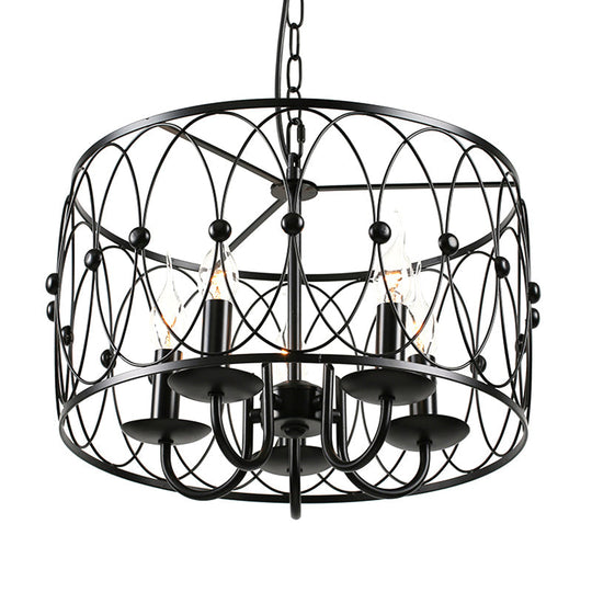 Vintage Style Black Drum Hanging Light With Metal Cage Shade - 6 Heads Dining Room Chandelier Lamp