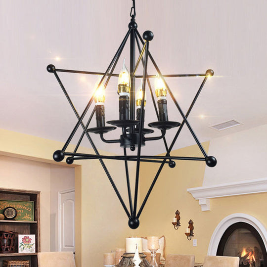 Black Star Cage Chandelier Pendant Light with Candle - Retro Style - 4 Heads - Dining Room Ceiling Light