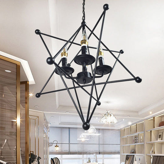 Black Star Cage Chandelier Pendant - Retro Style Iron With 4 Heads For Dining Room Ceiling