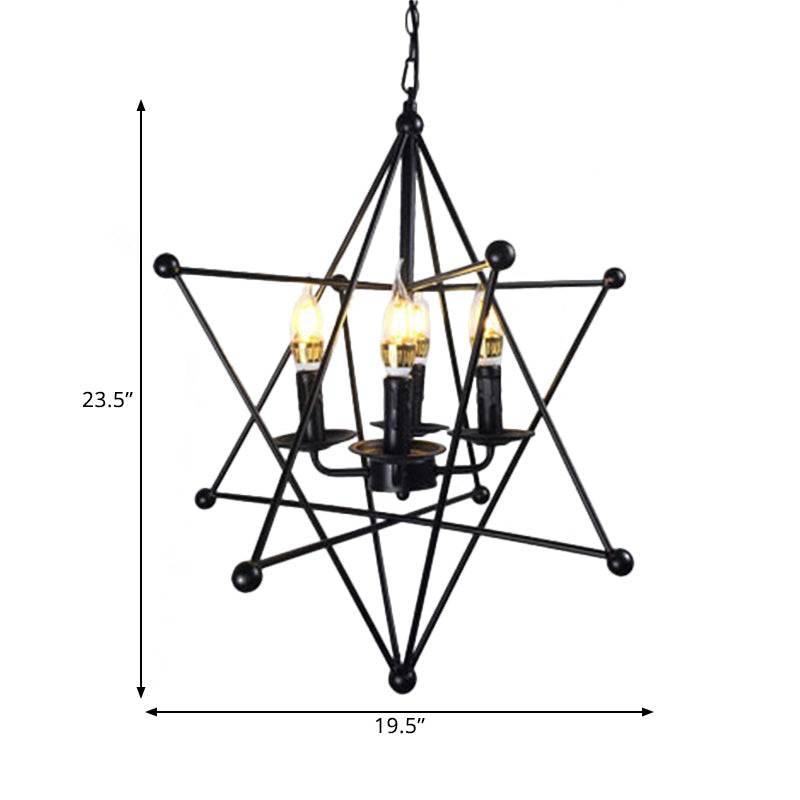 Black Star Cage Chandelier Pendant Light with Candle - Retro Style - 4 Heads - Dining Room Ceiling Light