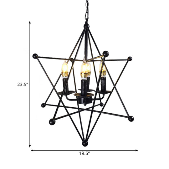 Black Star Cage Chandelier Pendant - Retro Style Iron With 4 Heads For Dining Room Ceiling