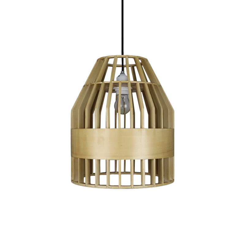 Japanese Wooden Pendant Light Fixture - Yellow Bird Cage Design For Restaurant Hanging Ceiling