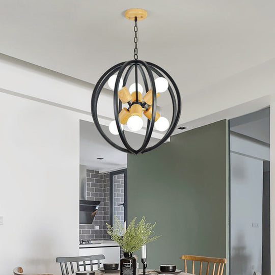 Spherical Antique Style Wrought Iron Ceiling Lamp with 6 Lights - Black/White Chandelier for Dining Room Lighting