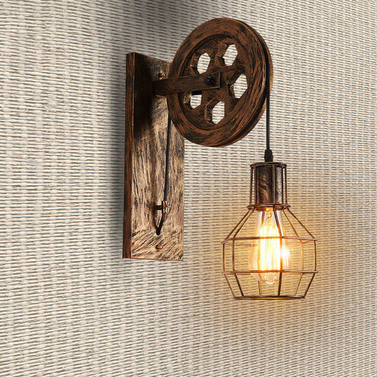 Antique Bronze Metal Wall Sconce With Pulley And Grid Cage - Ideal For Bars