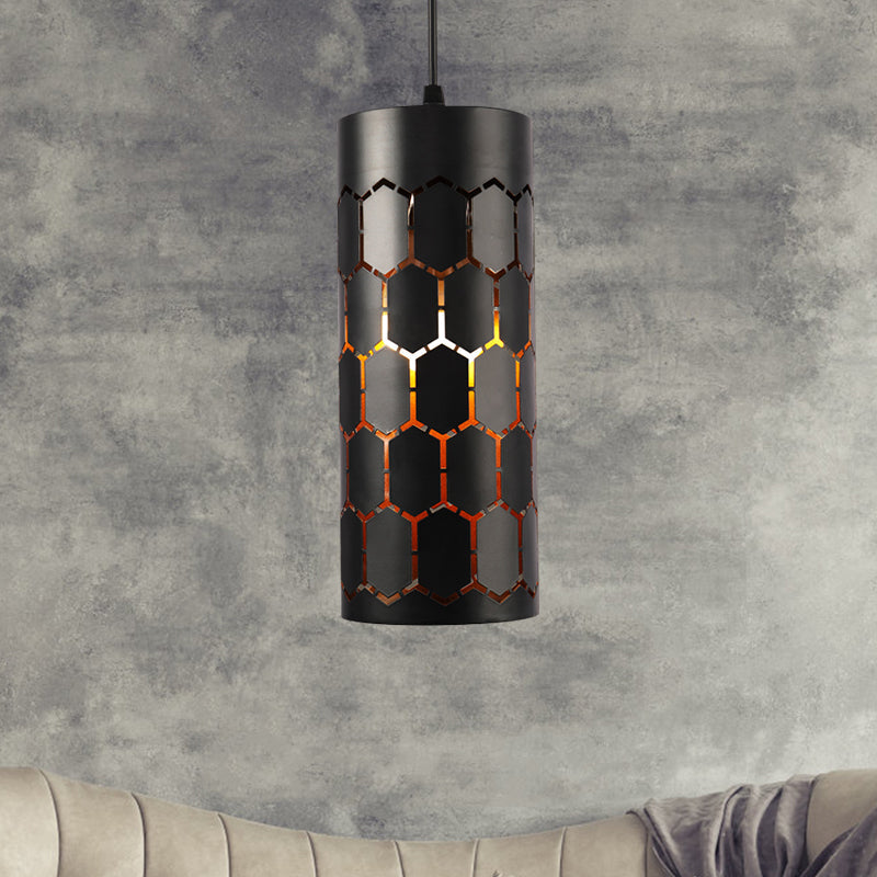 Stylish Etched Cylinder Hanging Light - Antique Iron Pendant In Black Finish For Bars / 5