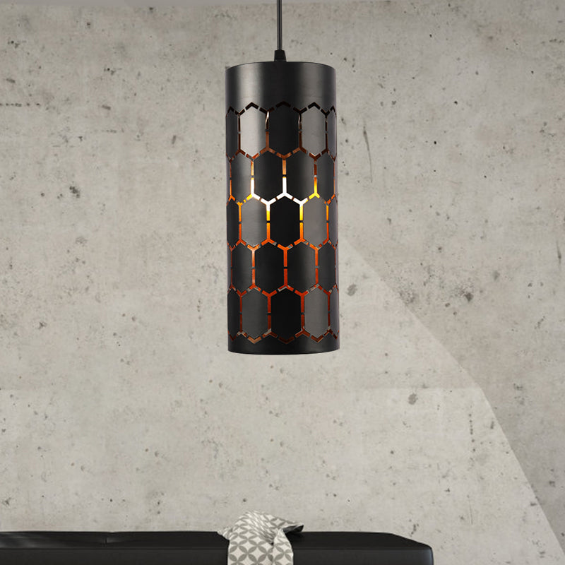 Stylish Etched Cylinder Hanging Light - Antique Iron Pendant In Black Finish For Bars