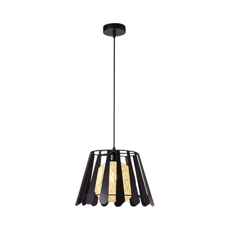 Industrial Metal Kitchen Pendant Light with Tapered Cage and Rattan Shade - White/Black