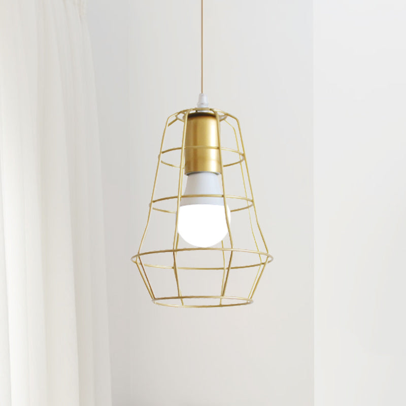 Gold Wire Cage Pendant Light - Retro Industrial Iron Hanging Lamp with Shade for Coffee Shop