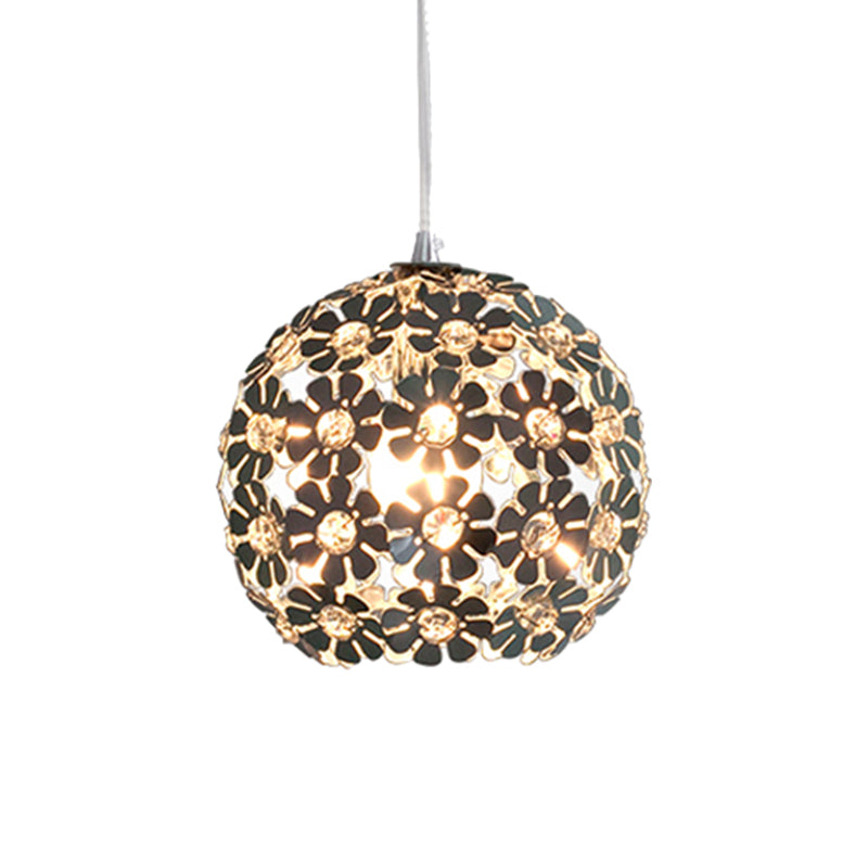 Contemporary Floral Globe Hanging Light - Aluminum Shade, Chrome Suspension, Crystal Accent