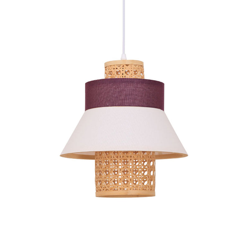 Asian-Inspired Bedroom Pendant Lamp With Handcrafted Green/Purple Fabric And Bamboo Interior Shade