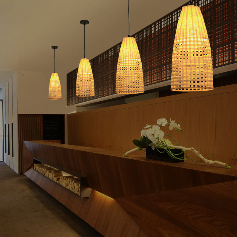 Chinese Bamboo Shade Pendant Light - Beige 1-Bulb Elongated Drop Restaurant Style