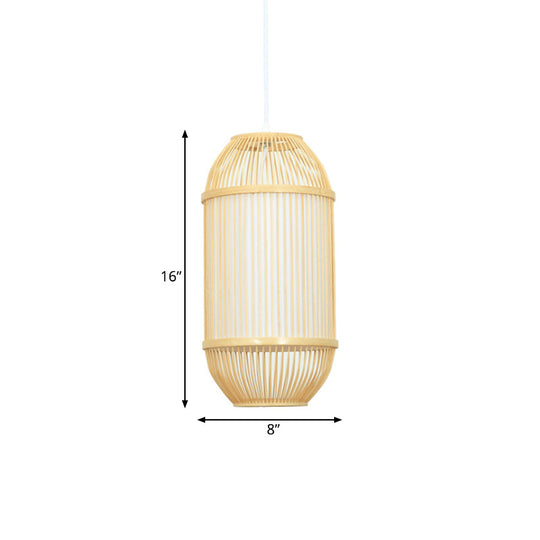 Country Style Bamboo 1-Light Oblong Shade Hanging Lamp - Ideal For Bedroom Ceiling Beige