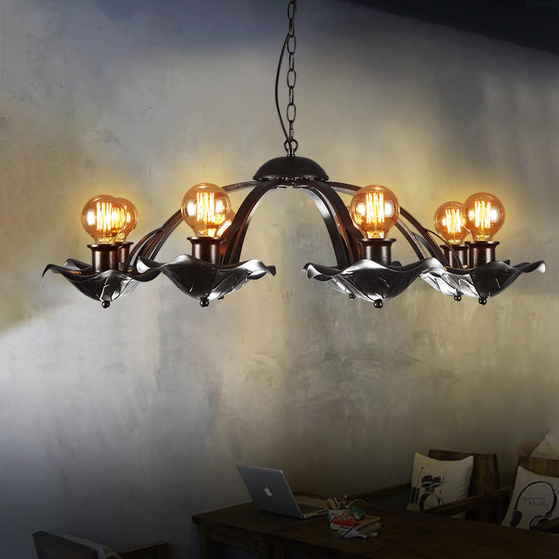 Lotus Leaf Metal Chandelier Light: Adjustable Height Hanging Lamp Black