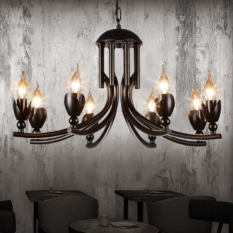 Retro Dark Rust Chandelier with 8 Candle Bulbs - Wrought Iron Pendant Lamp, Curved Arm