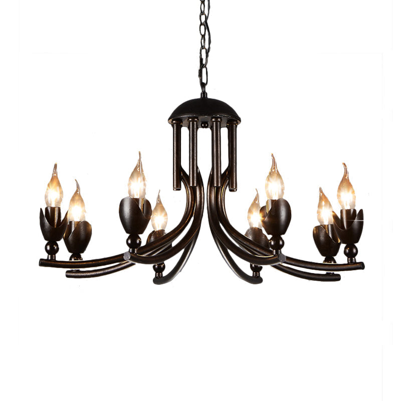 Rustic Iron Candle Chandelier With Curved Arm - 8-Bulb Pendant Lamp Retro Style