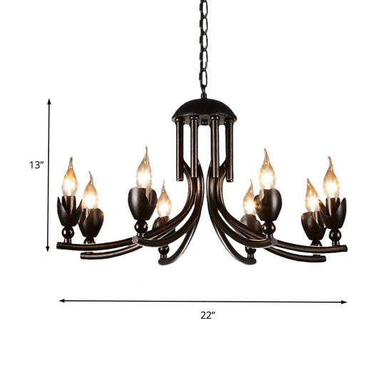Rustic Iron Candle Chandelier With Curved Arm - 8-Bulb Pendant Lamp Retro Style