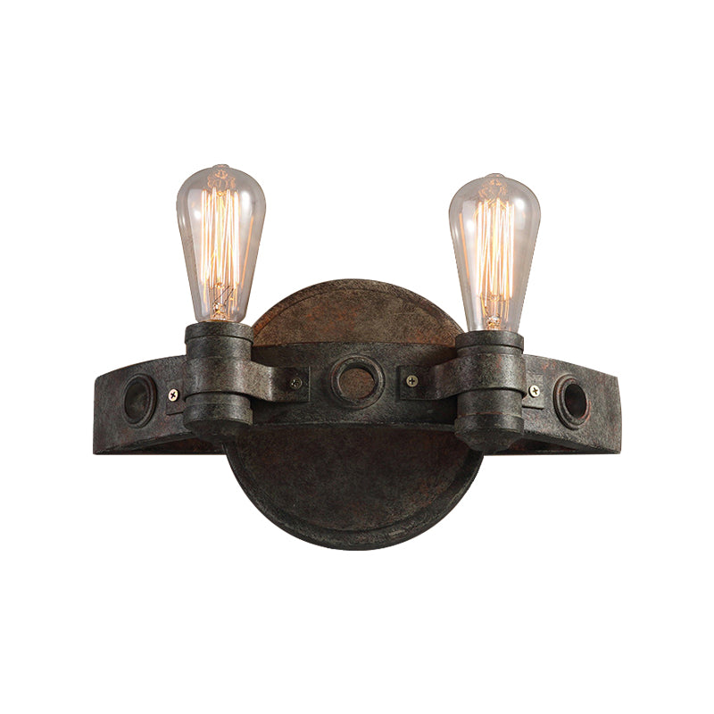Rustic Wrought Iron Wall Sconce Light - Exposed Bulb 2 Lights Farmhouse Style For Restaurants