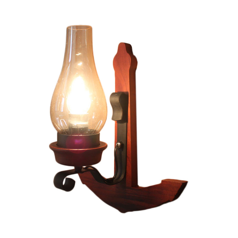 Industrial Rust Wall Lamp: Clear Glass Vase Porch Sconce Light With Wooden Backplate