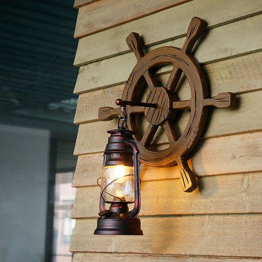 Industrial Lantern Wall Sconce Light With Clear Glass Rust Finish And Wood Rudder - Bedroom Lamp