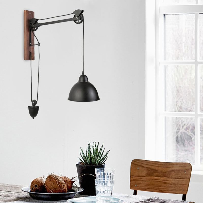 Industrial Metal Domed Wall Sconce Light With Wood Backplate And Pulley