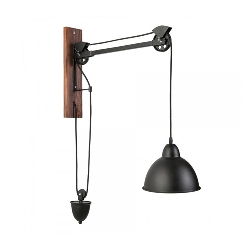 Industrial Metal Domed Wall Sconce Light With Wood Backplate And Pulley Brown