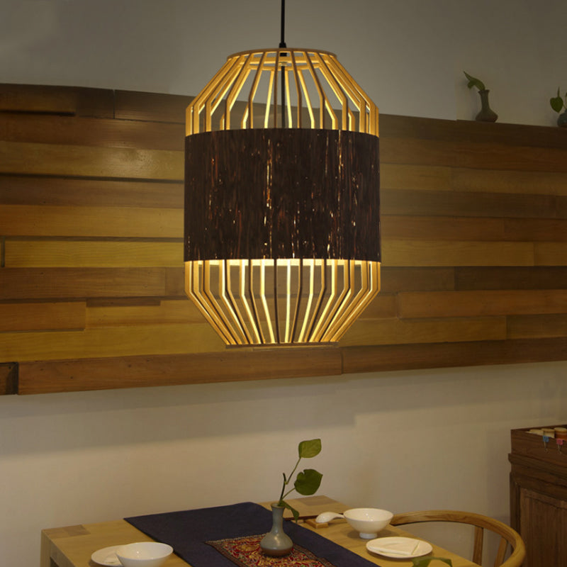 Countryside Bamboo And Wood Pendant Lamp - Natural Cylindrical Ceiling Light For Dining Table Beige
