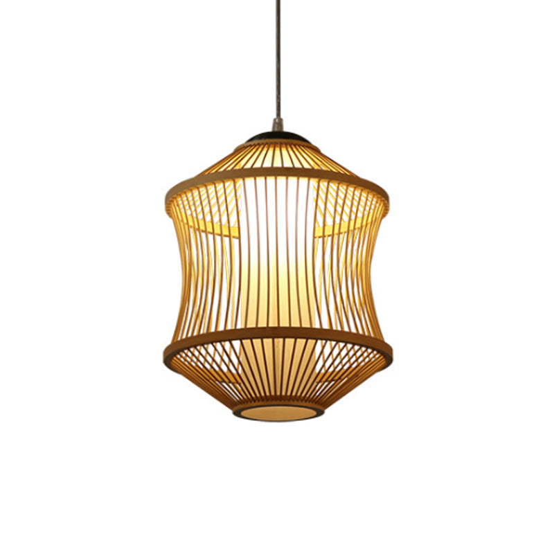 1 Head Asian Style Restaurant Hanging Light With Cylinder Bamboo Shade - Beige Ceiling Lamp