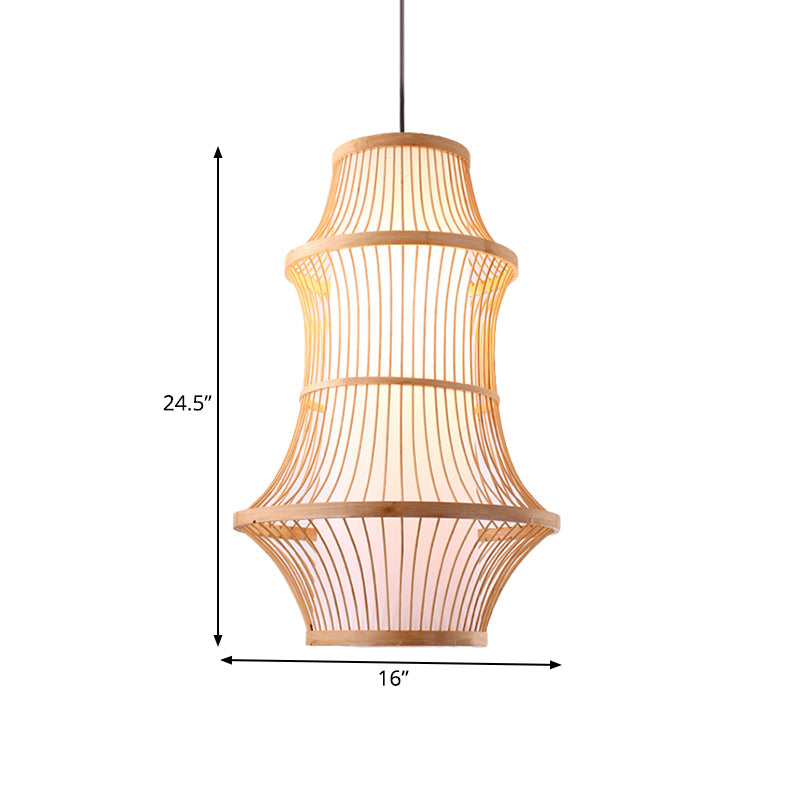 Modernist Beige Pendant Lamp With Bamboo Cage-Like Shade - 1 Light Restaurant Hanging