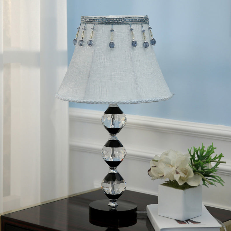 Modern Clear Crystal Table Lamp With Beveled Orbs & Bell Fabric Shade / B