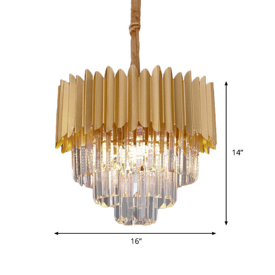 Contemporary Gold Crystal Chandelier With Tapered Faceted Rectangle Design - 4/8 Bulb Parlor Hanging