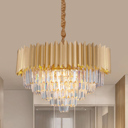 Contemporary Gold Crystal Chandelier With Tapered Faceted Rectangle Design - 4/8 Bulb Parlor Hanging